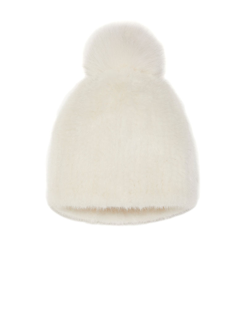 Knitted Mink Fur Hat with Fur Pom