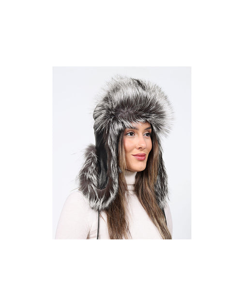 Silver Fox Trimmed Leather Trapper Hat