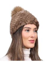 Lined Mink Fur Hat with Fox Pom in Camel and Brown
