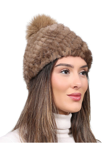 Lined Mink Fur Hat with Fox Pom in Camel and Brown