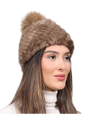 Lined Mink Fur Hat with Fox Pom in Camel and Brown
