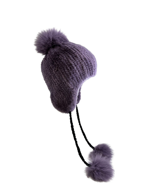 Knit Mink Fur Trapper Hat with Poms