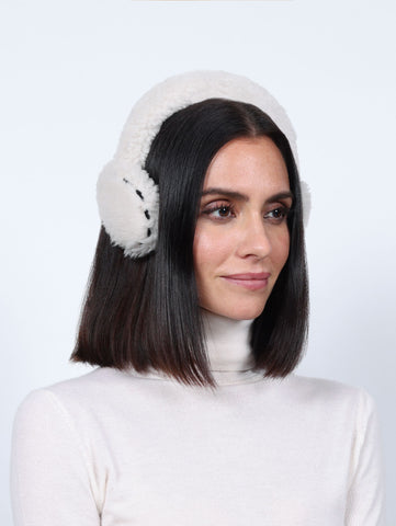 White Shearling Wrapped Earmuffs with Black Stitching Detail