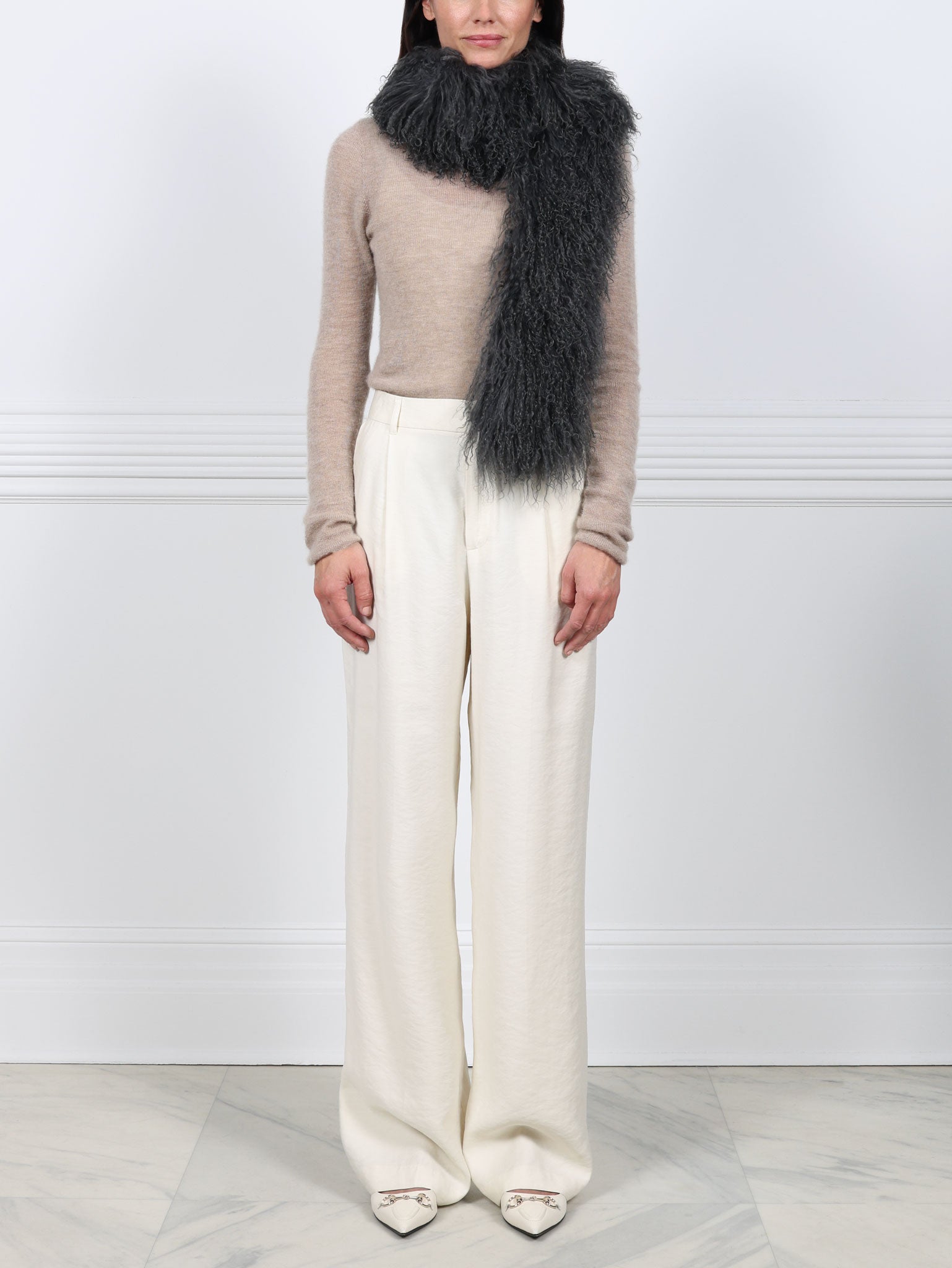 Grey Curly Shearling Scarf