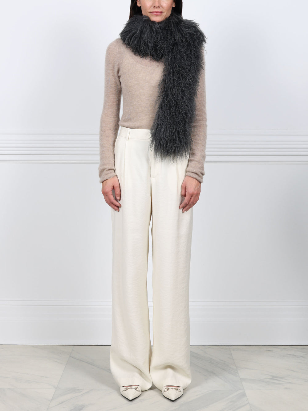 Grey Curly Shearling Scarf