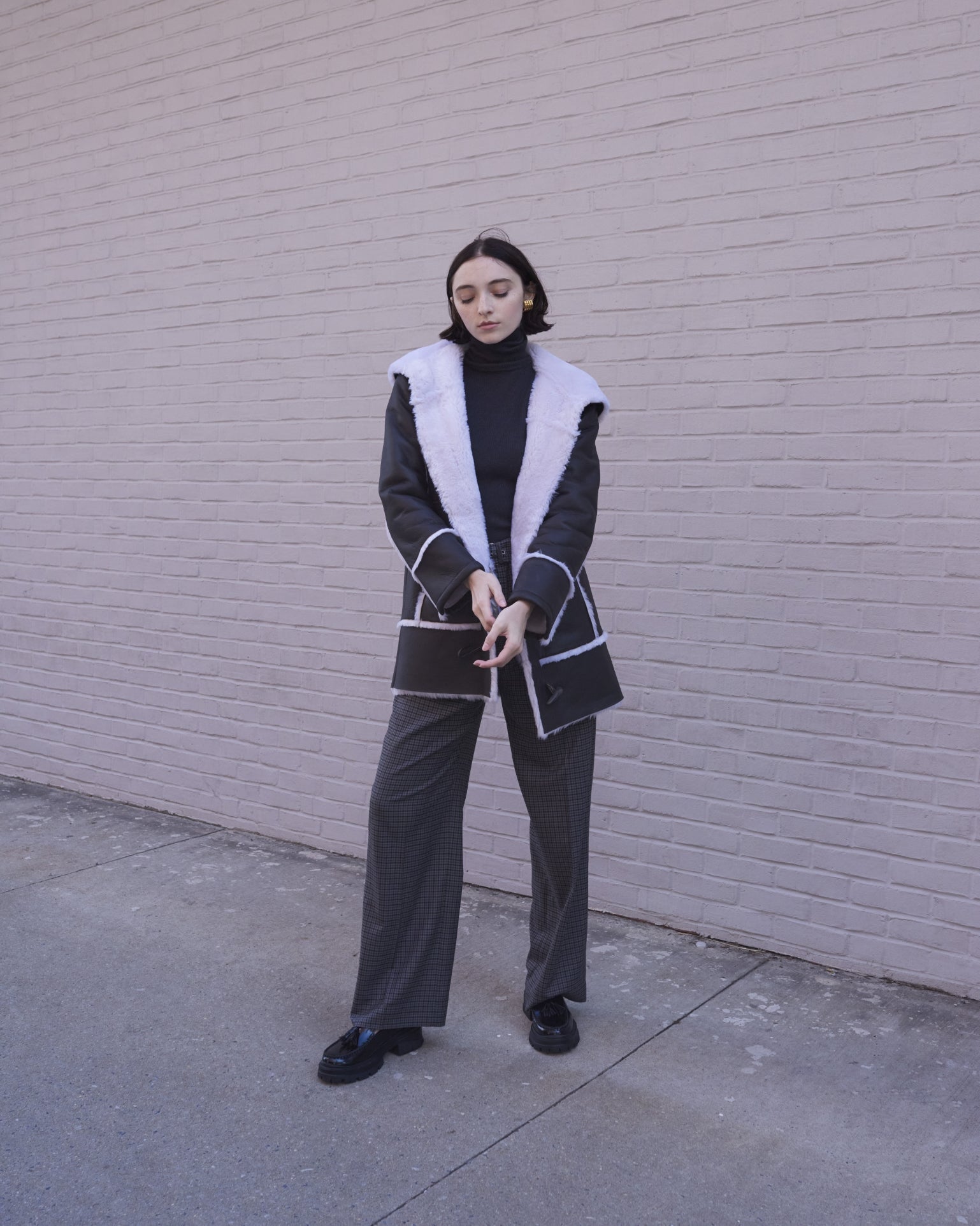Hooded Shearling Coat With Toggles