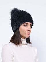 The Knit Mink Fur Hat with Fox Pom in Multiple Colors