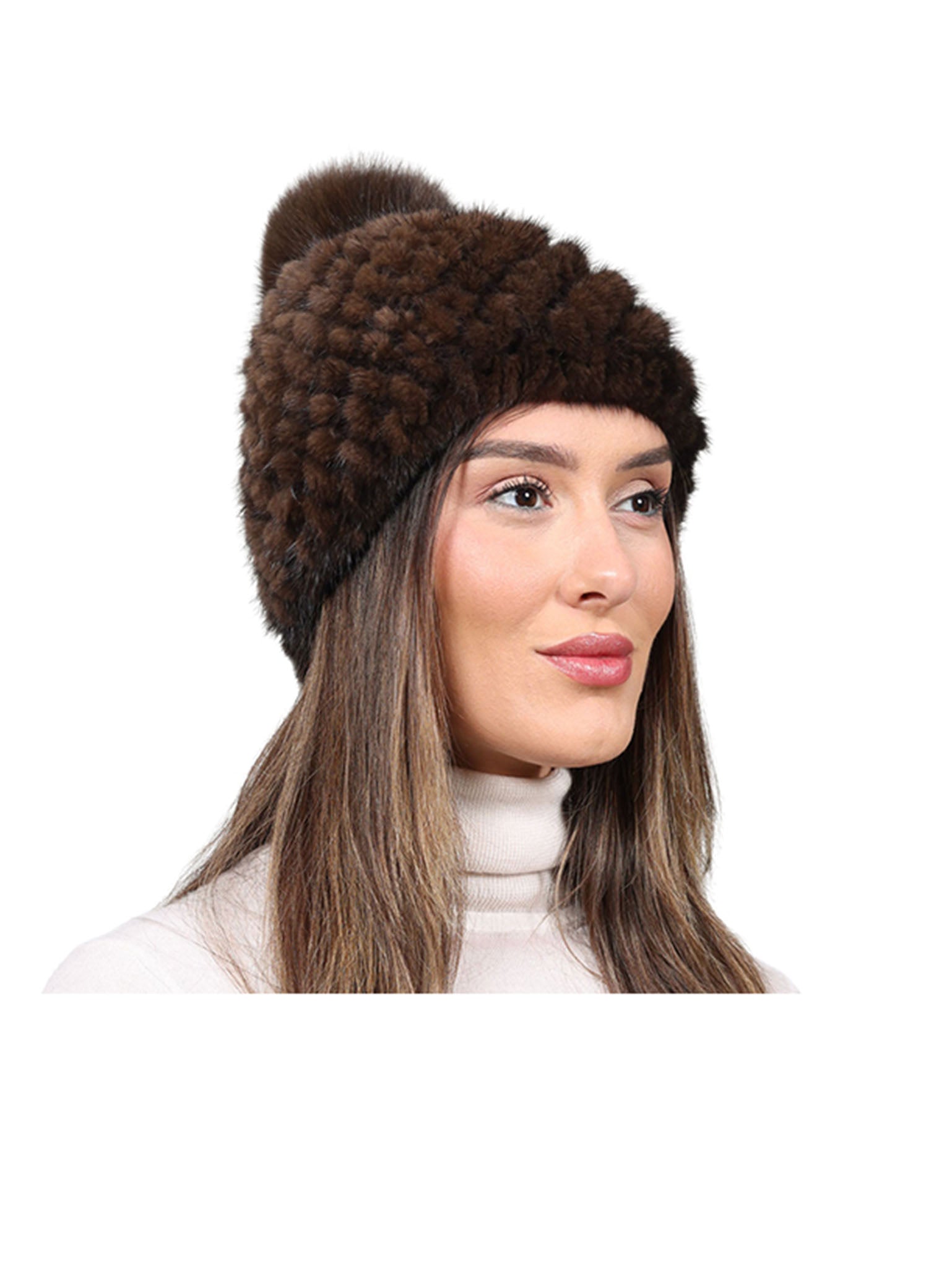 The Knit Mink Fur Hat with Fox Pom in Multiple Colors