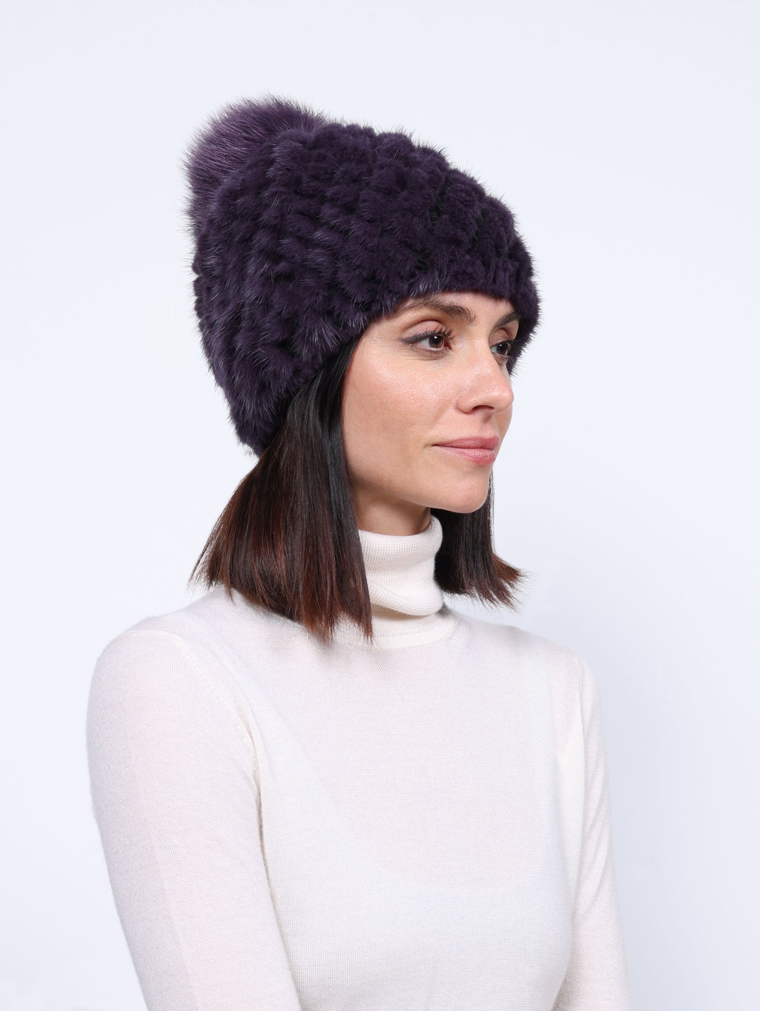 The Knit Mink Fur Hat with Fox Pom in Multiple Colors