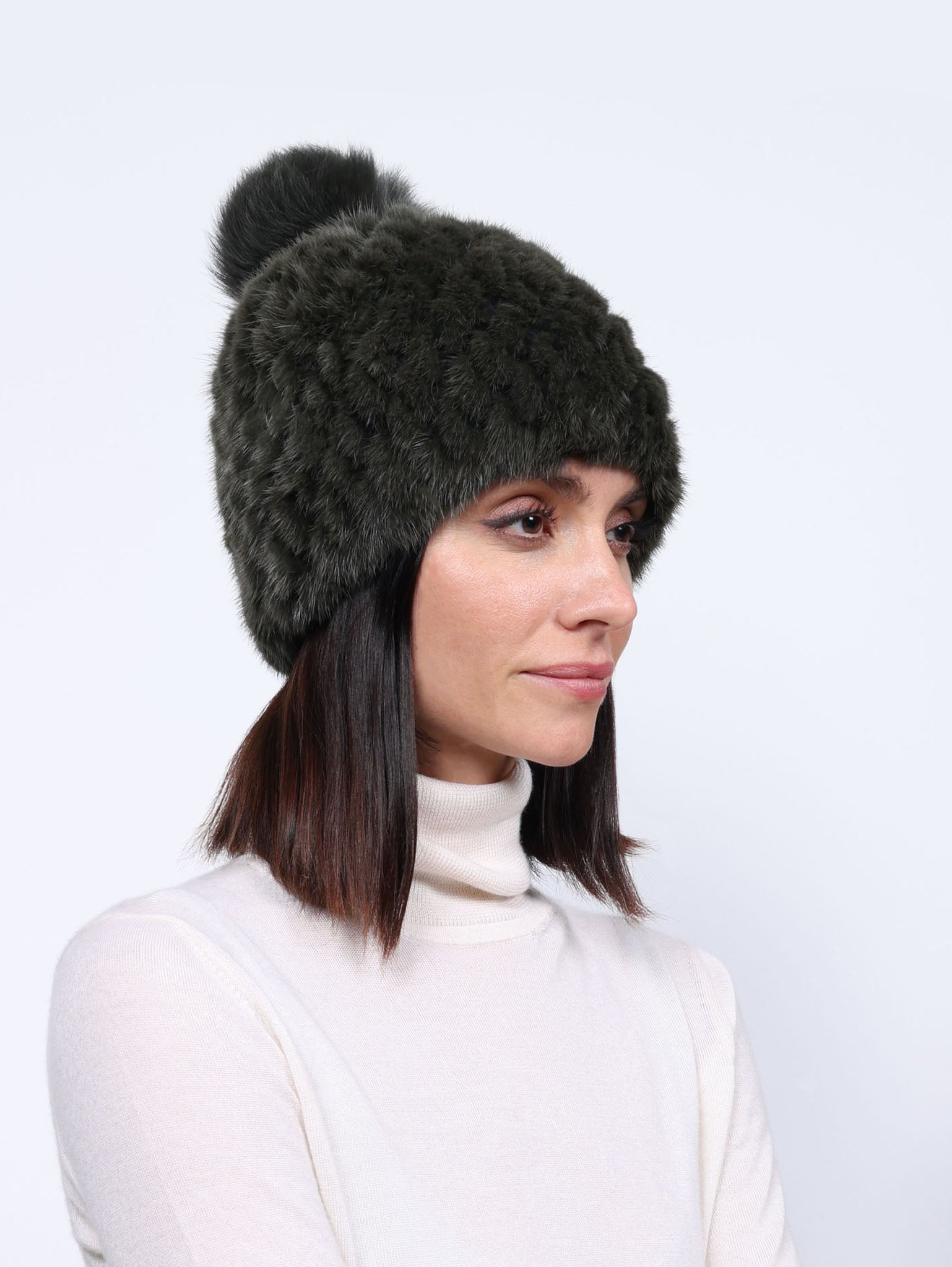 The Knit Mink Fur Hat with Fox Pom in Multiple Colors