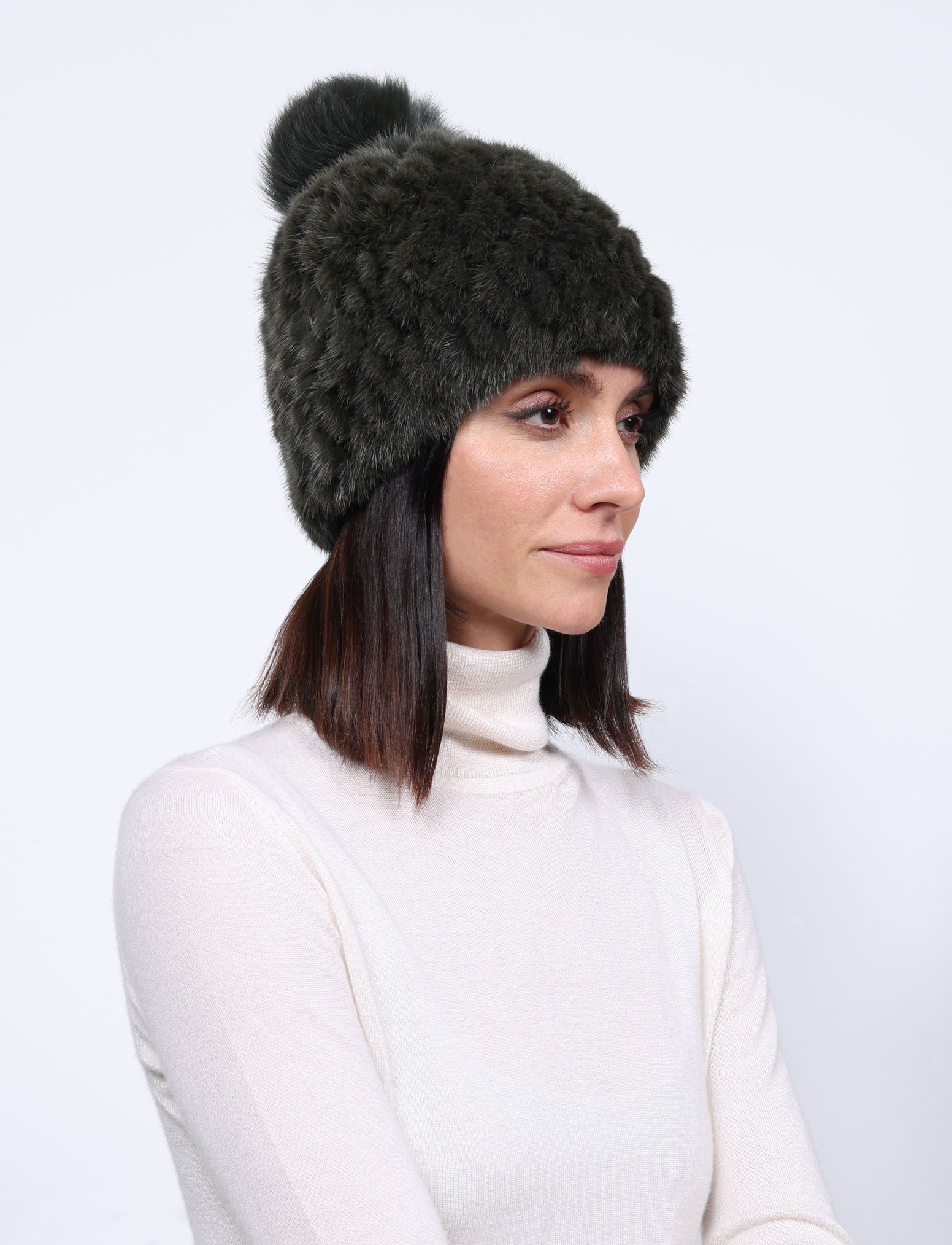 The Knit Mink Fur Hat with Fox Pom in Multiple Colors
