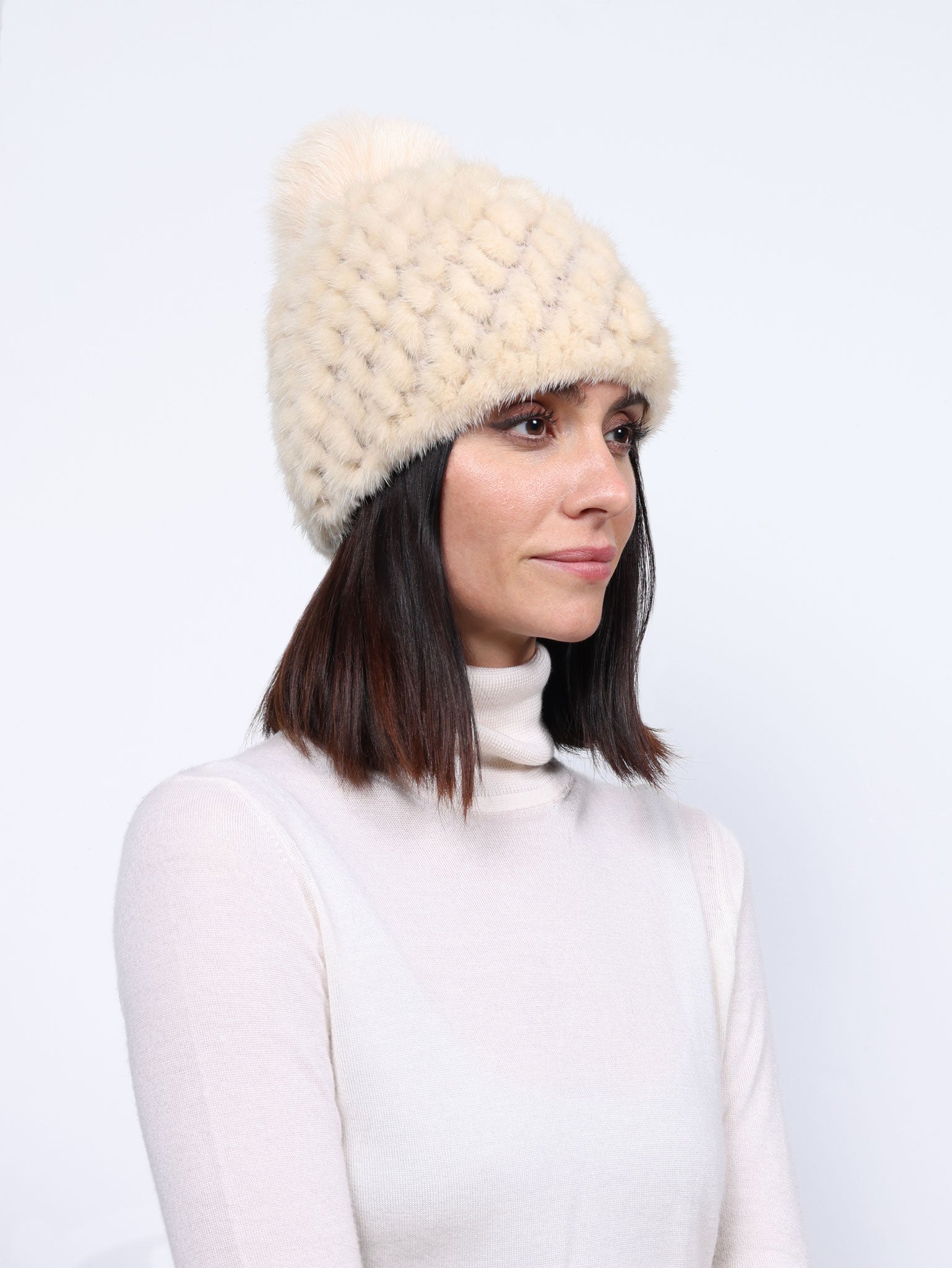 The Knit Mink Fur Hat with Fox Pom in Multiple Colors