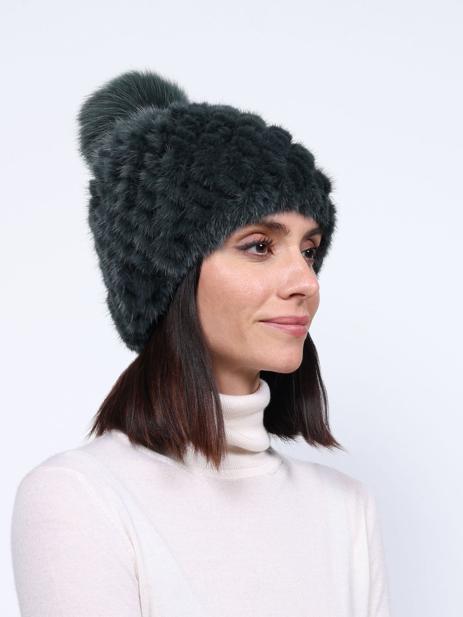 The Knit Mink Fur Hat with Fox Pom in Multiple Colors