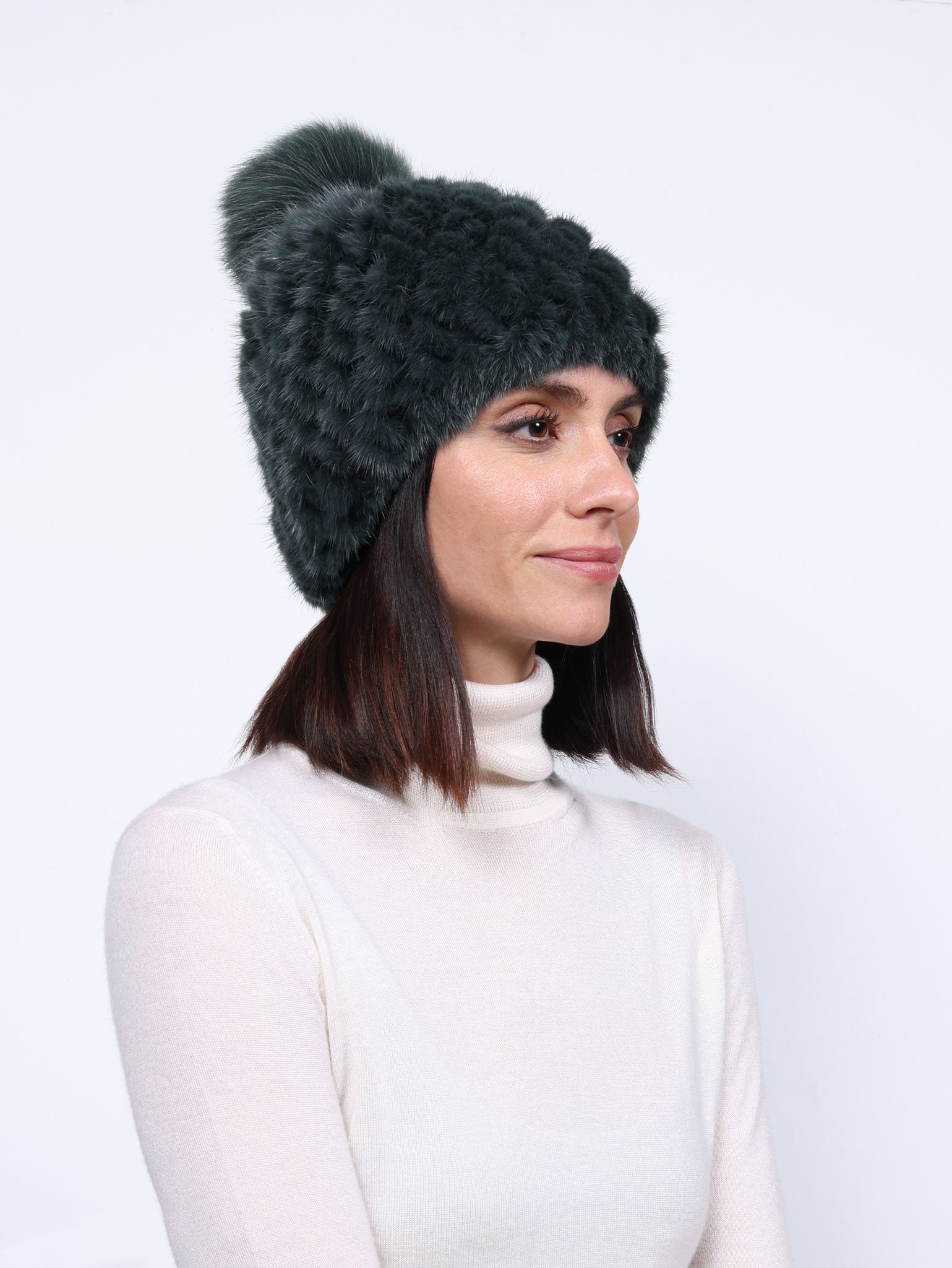 The Knit Mink Fur Hat with Fox Pom in Multiple Colors