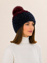 Two Toned Knitted Mink Hat with  Pom