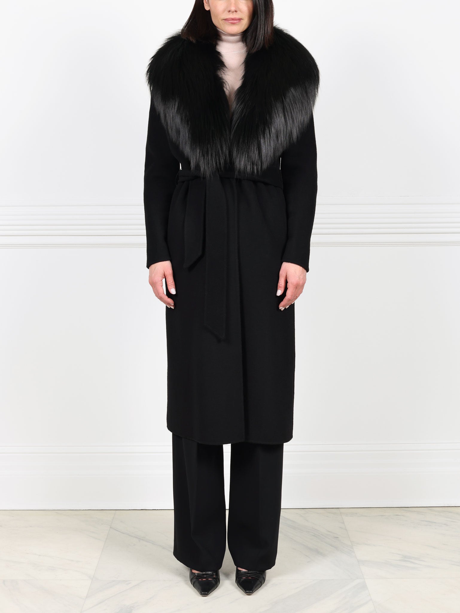 Double Face  Wool/Cashmere Blend Coat with Detachable Fox Collar
