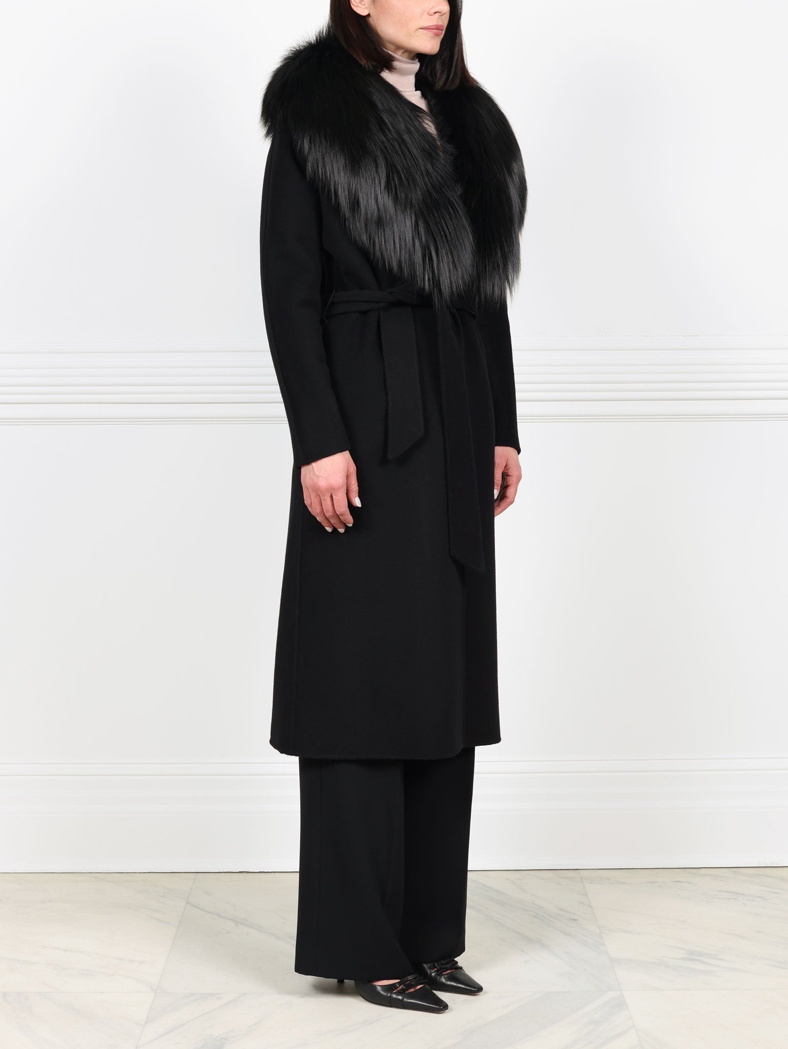 Double Face  Wool/Cashmere Blend Coat with Detachable Fox Collar