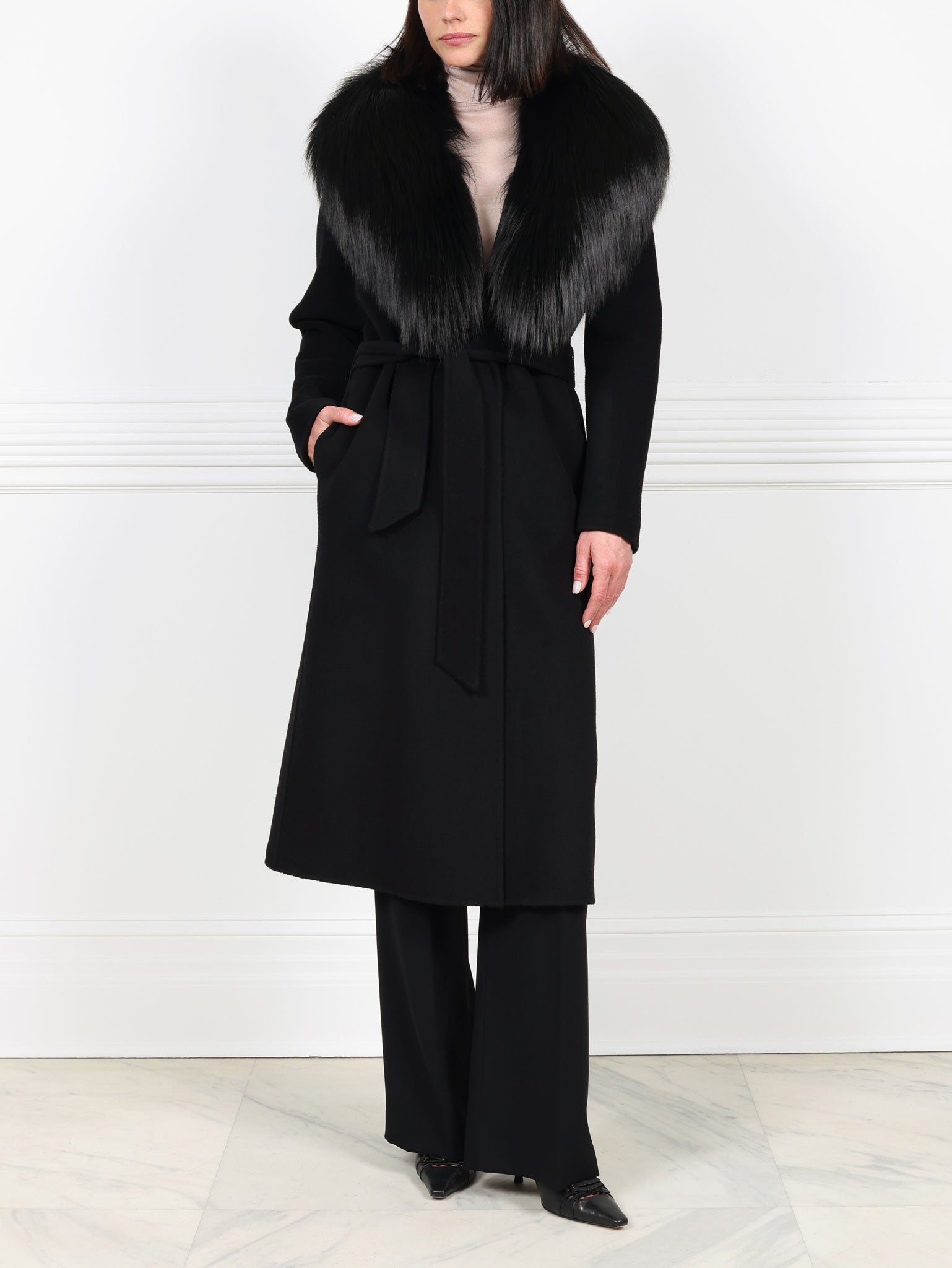 Double Face  Wool/Cashmere Blend Coat with Detachable Fox Collar