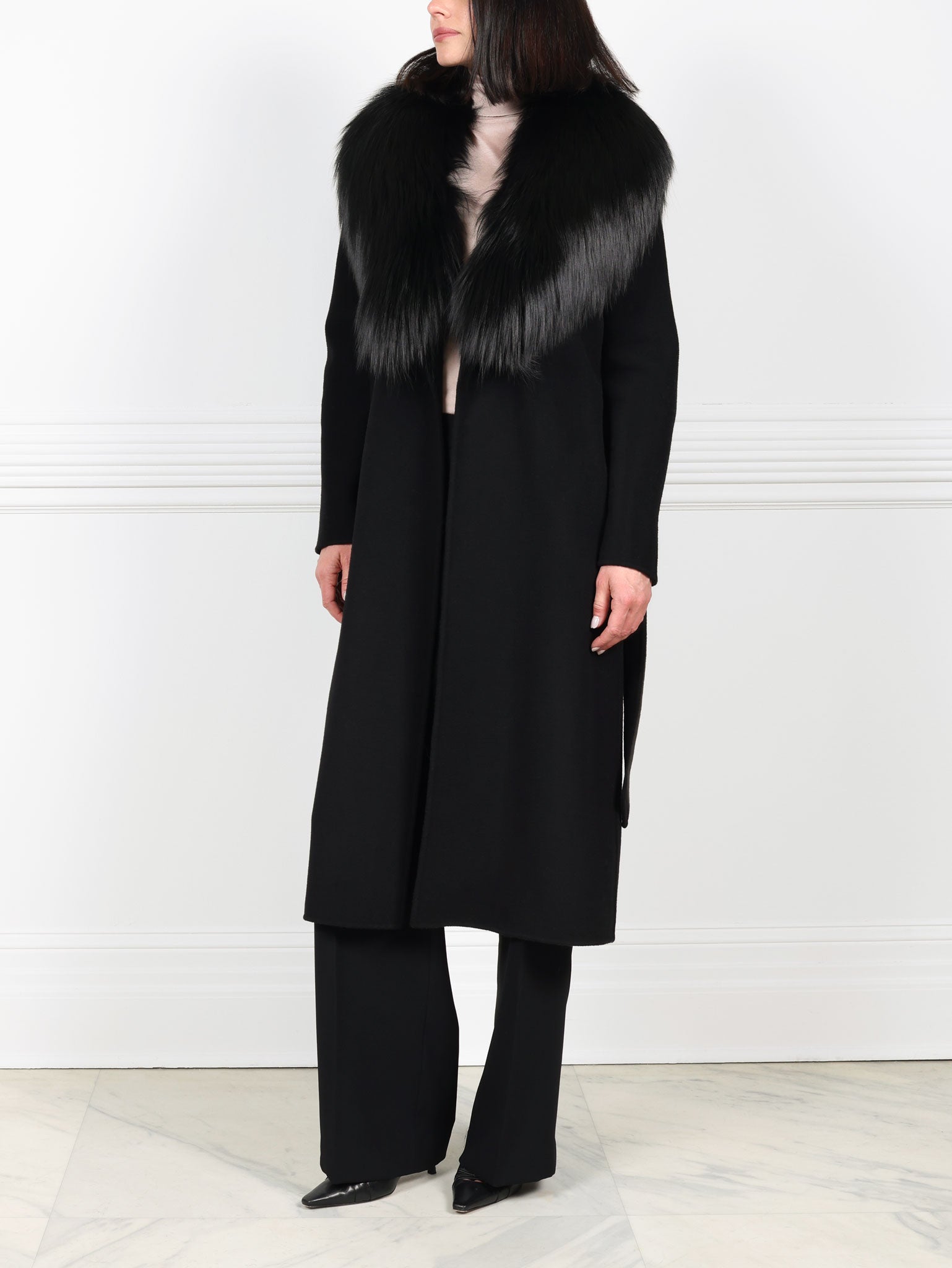 Double Face  Wool/Cashmere Blend Coat with Detachable Fox Collar
