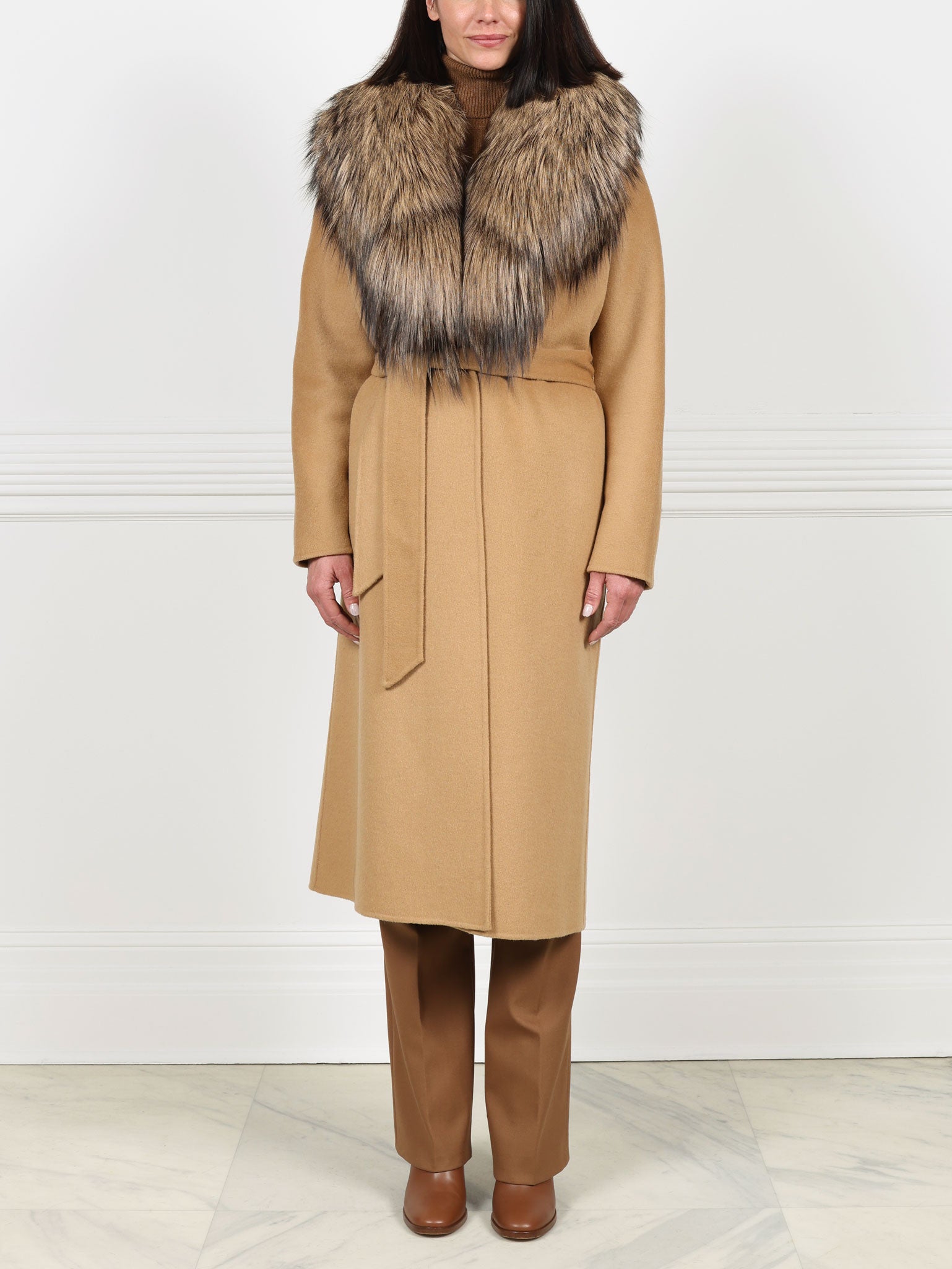 Double Face  Wool/Cashmere Blend Coat with Detachable Fox Collar