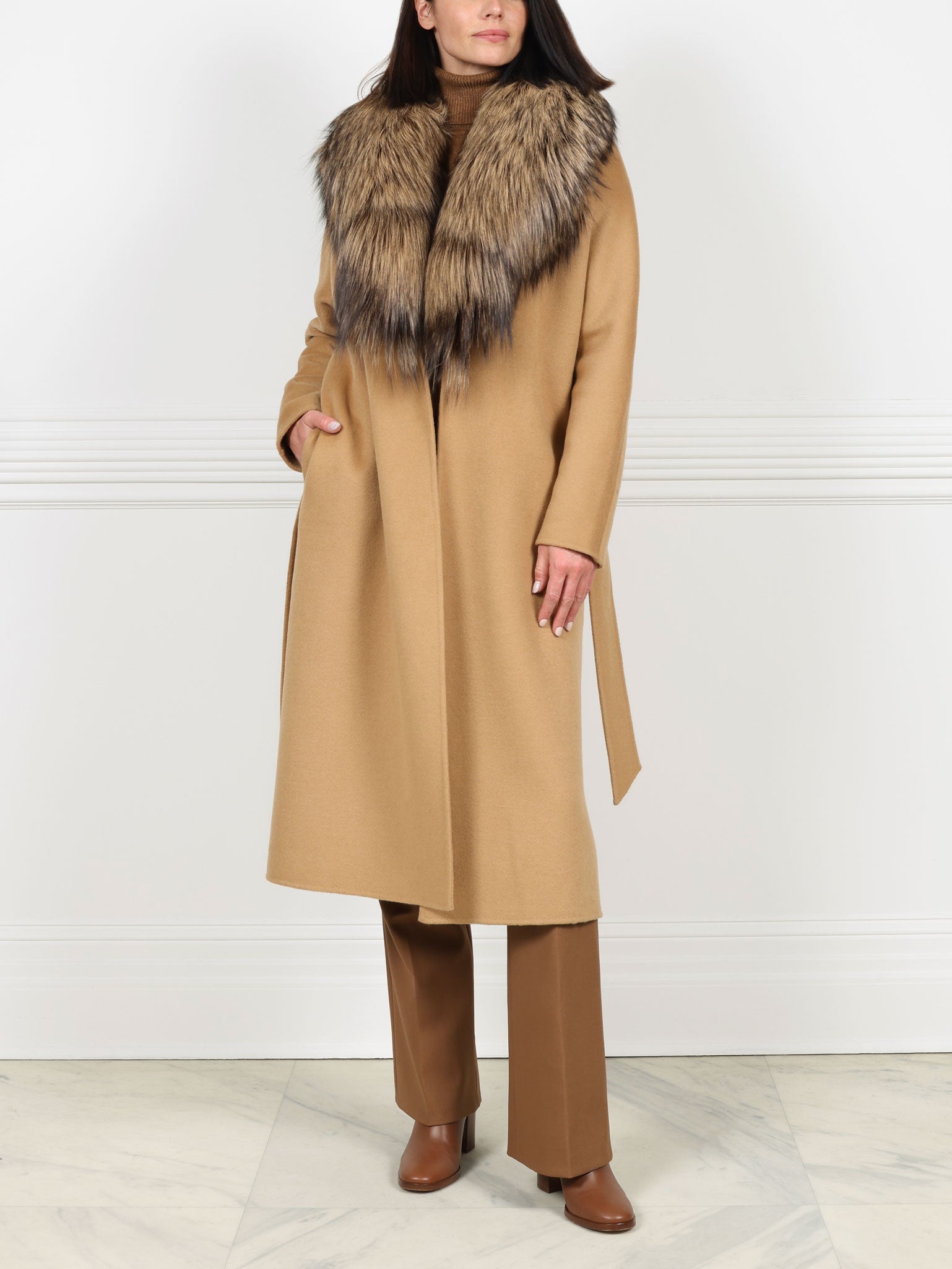 Double Face  Wool/Cashmere Blend Coat with Detachable Fox Collar