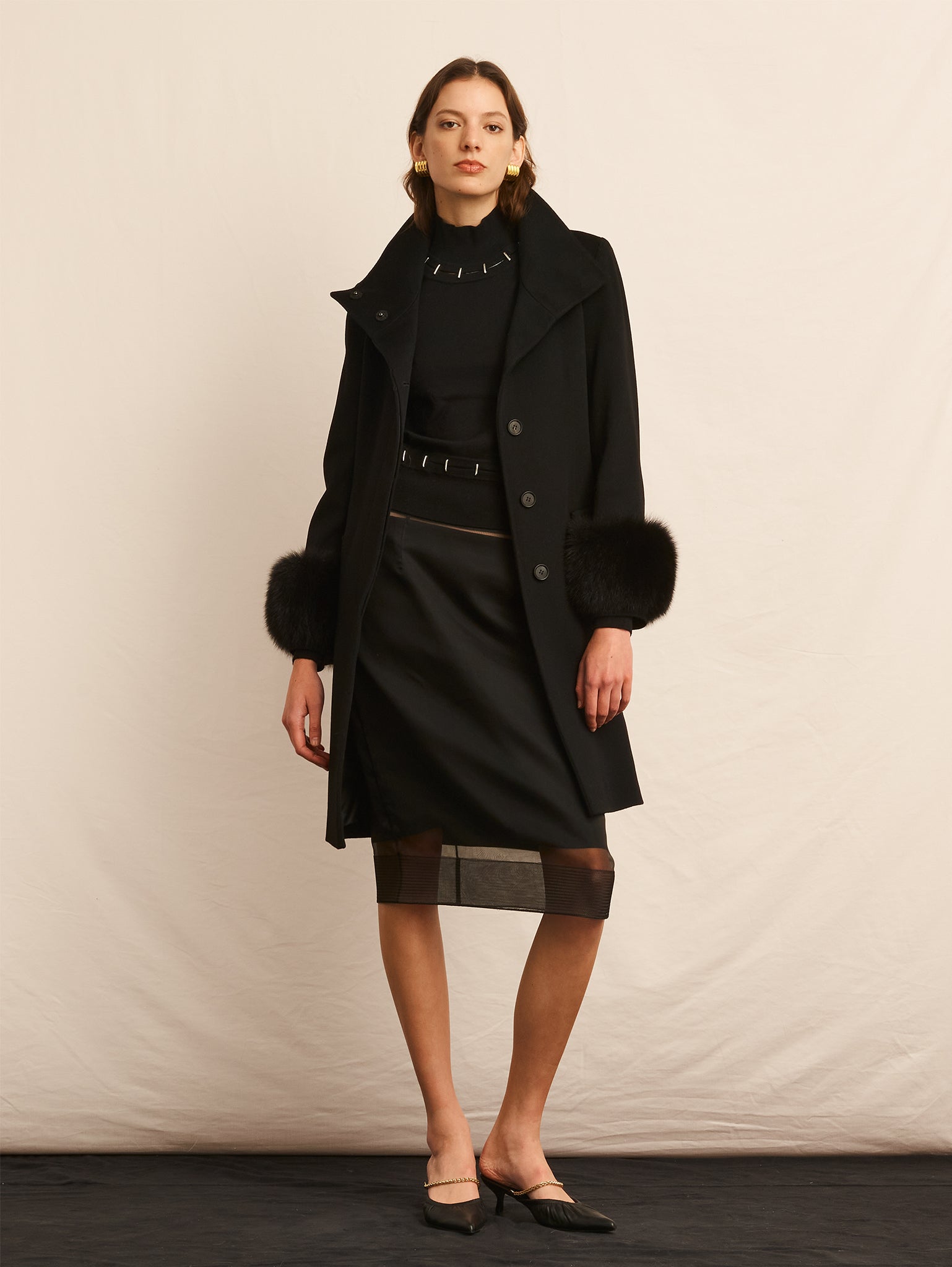 Wool and Cashmere Coat with Fox Cuff