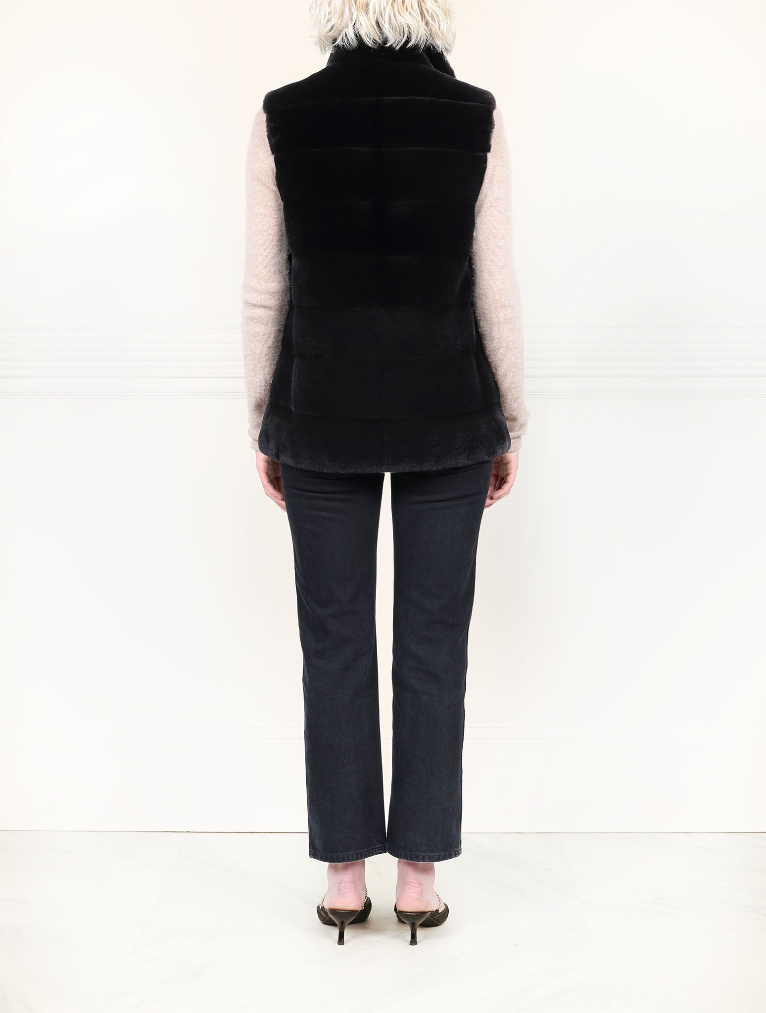 The Nina Zip Front Plucked Mink Fur Vest In Black
