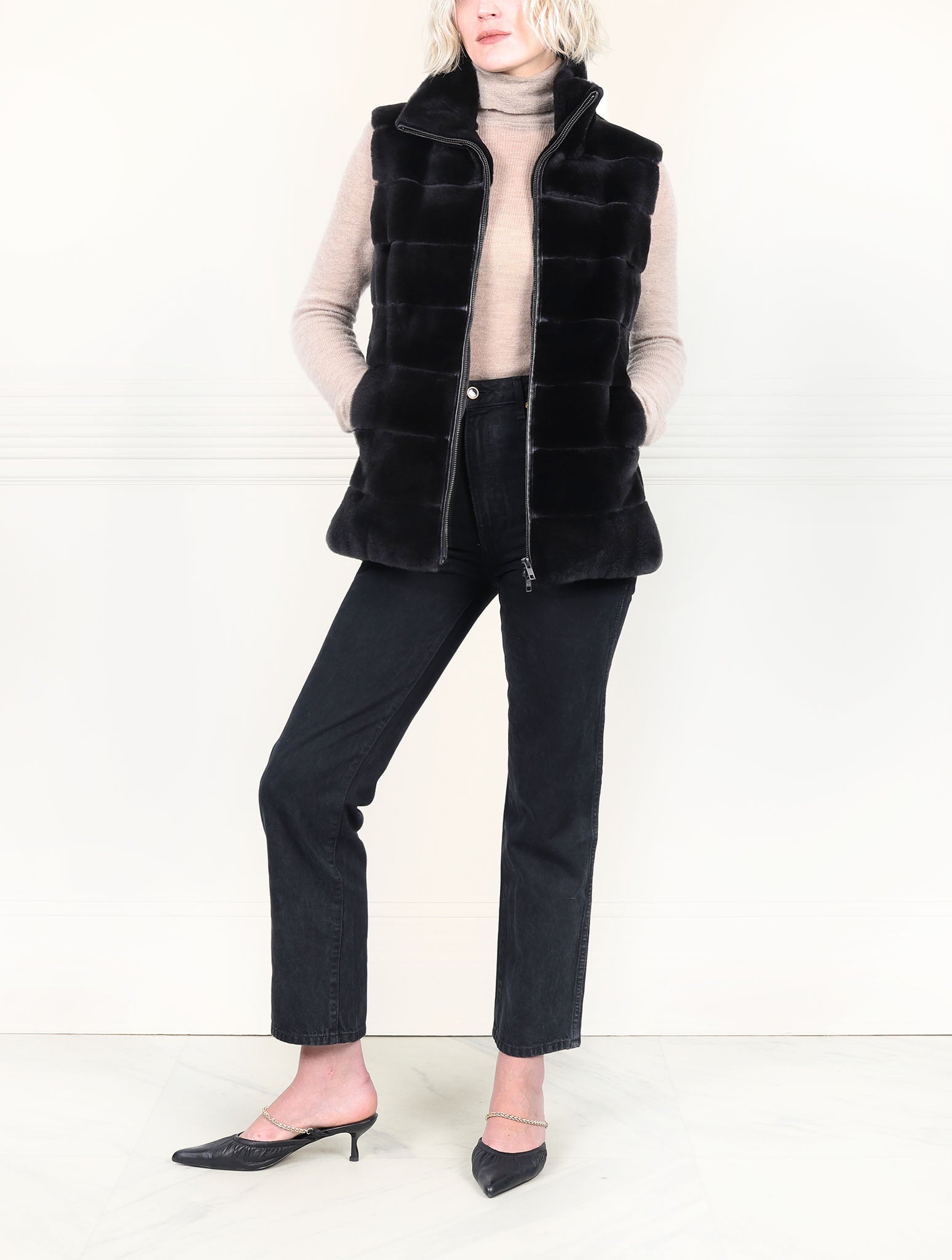 The Nina Zip Front Plucked Mink Fur Vest In Black