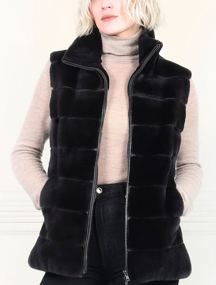 The Nina Zip Front Plucked Mink Fur Vest In Black