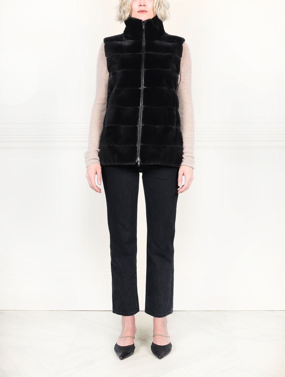 The Nina Zip Front Plucked Mink Fur Vest In Black