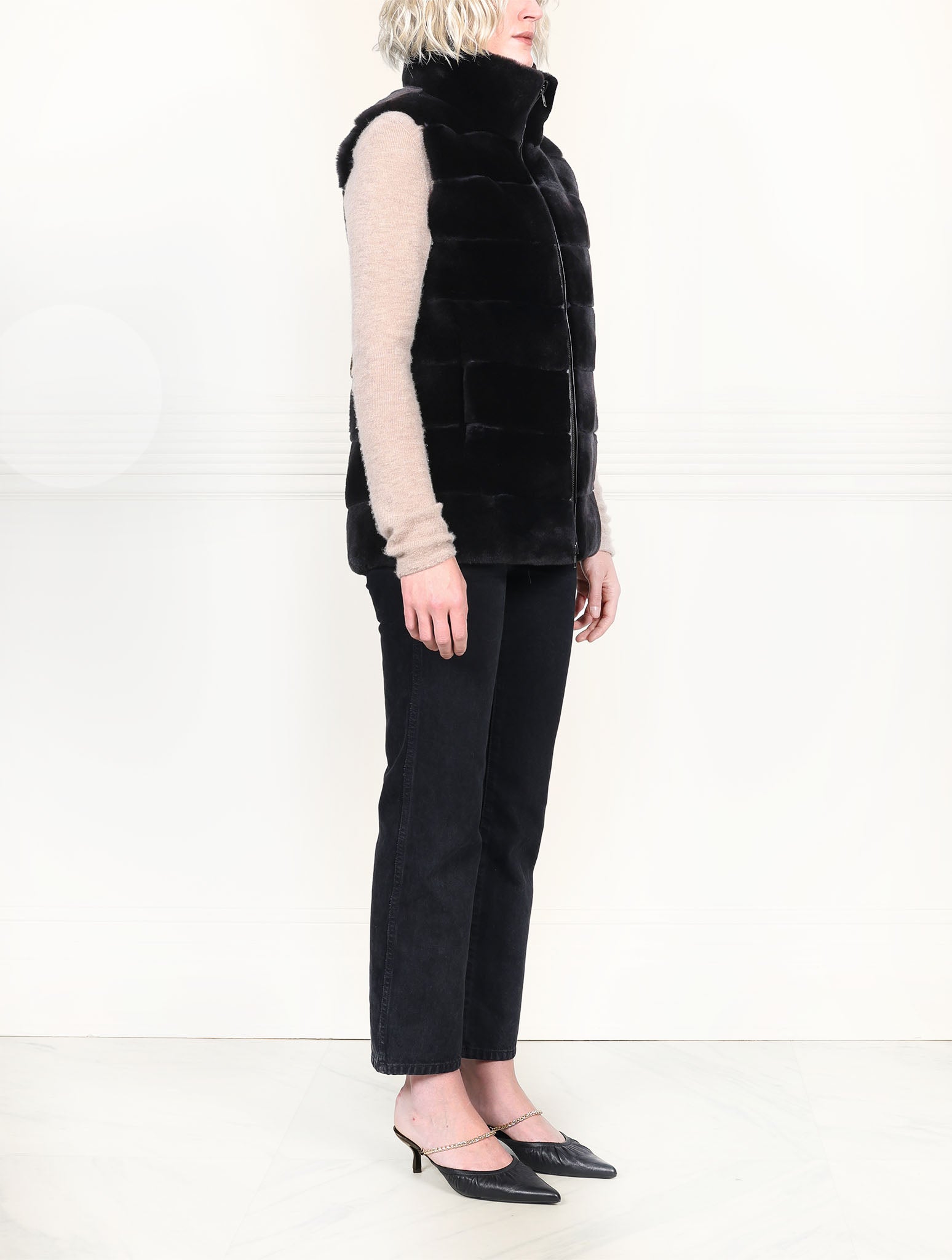The Nina Zip Front Plucked Mink Fur Vest In Black