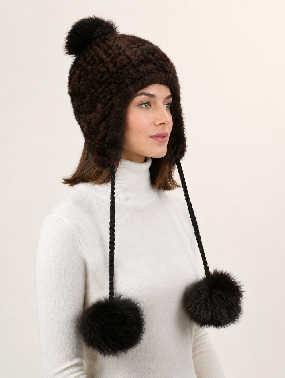 Knit Mink Fur Trapper Hat with Poms