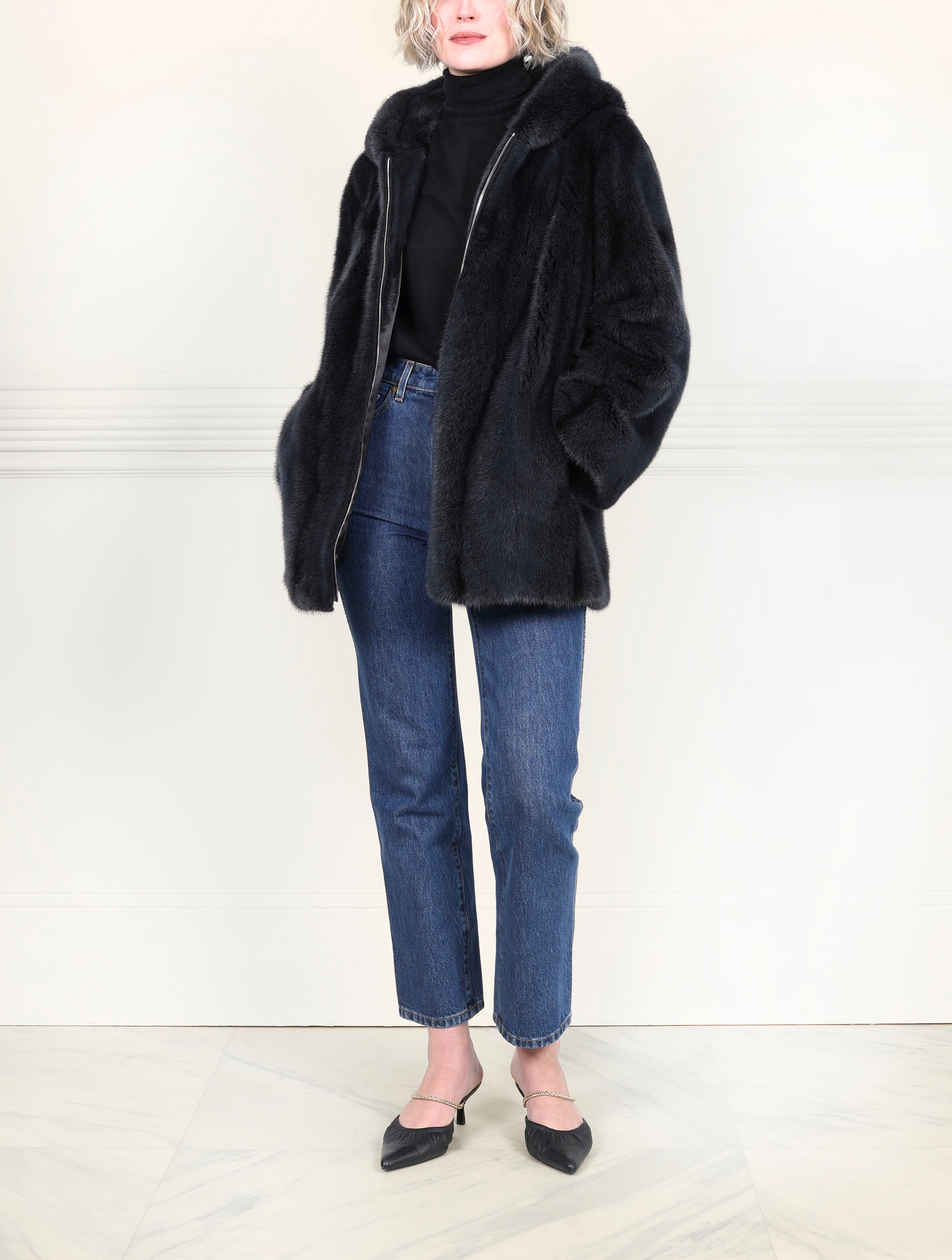 Grey Cross hooded mink jacket
with zipper