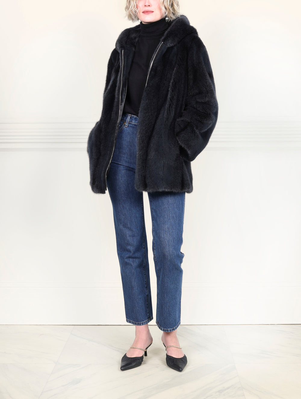 The Louisa Hooded Cross Mink Fur Jacket in Charcoal