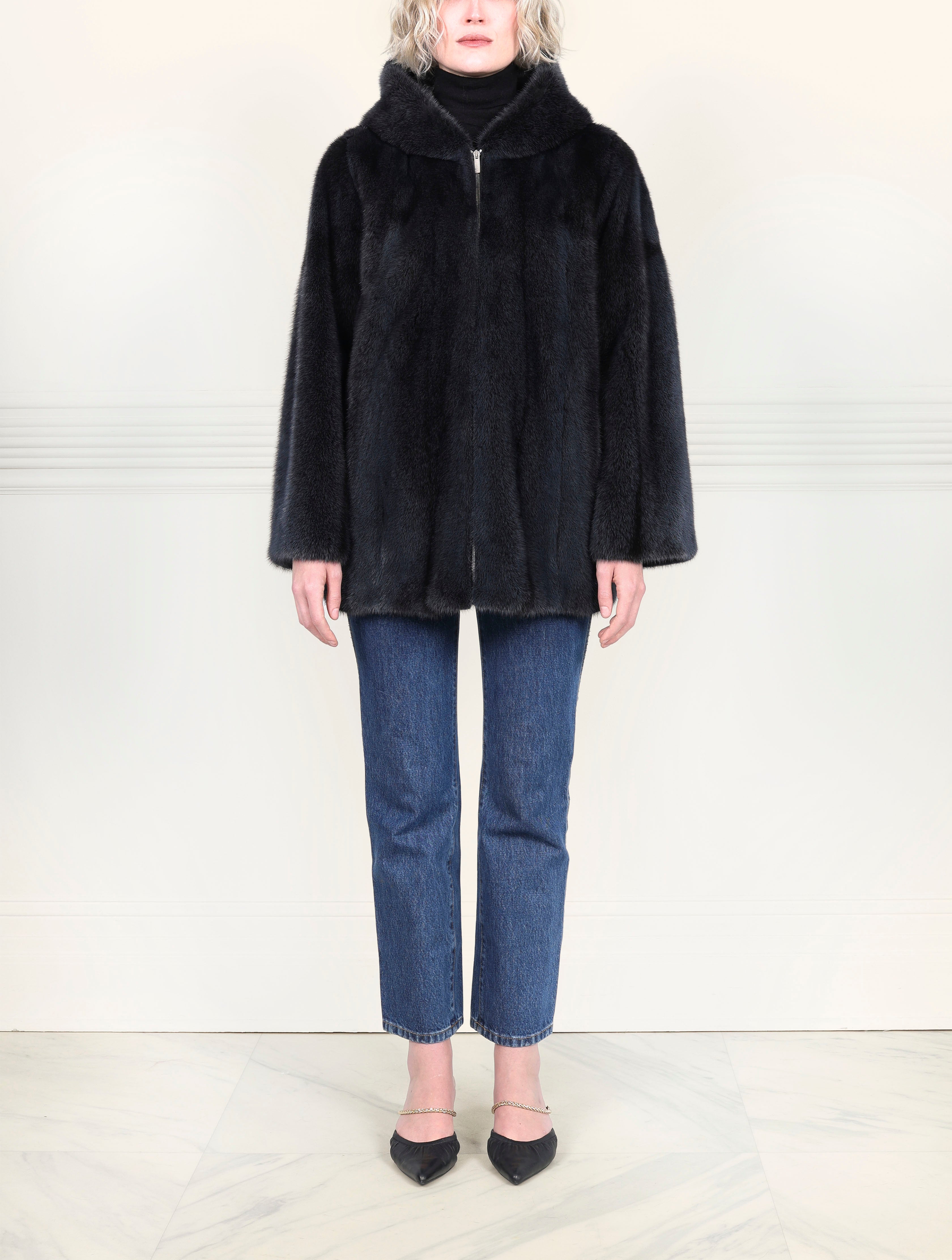 Grey Cross hooded mink jacket
with zipper