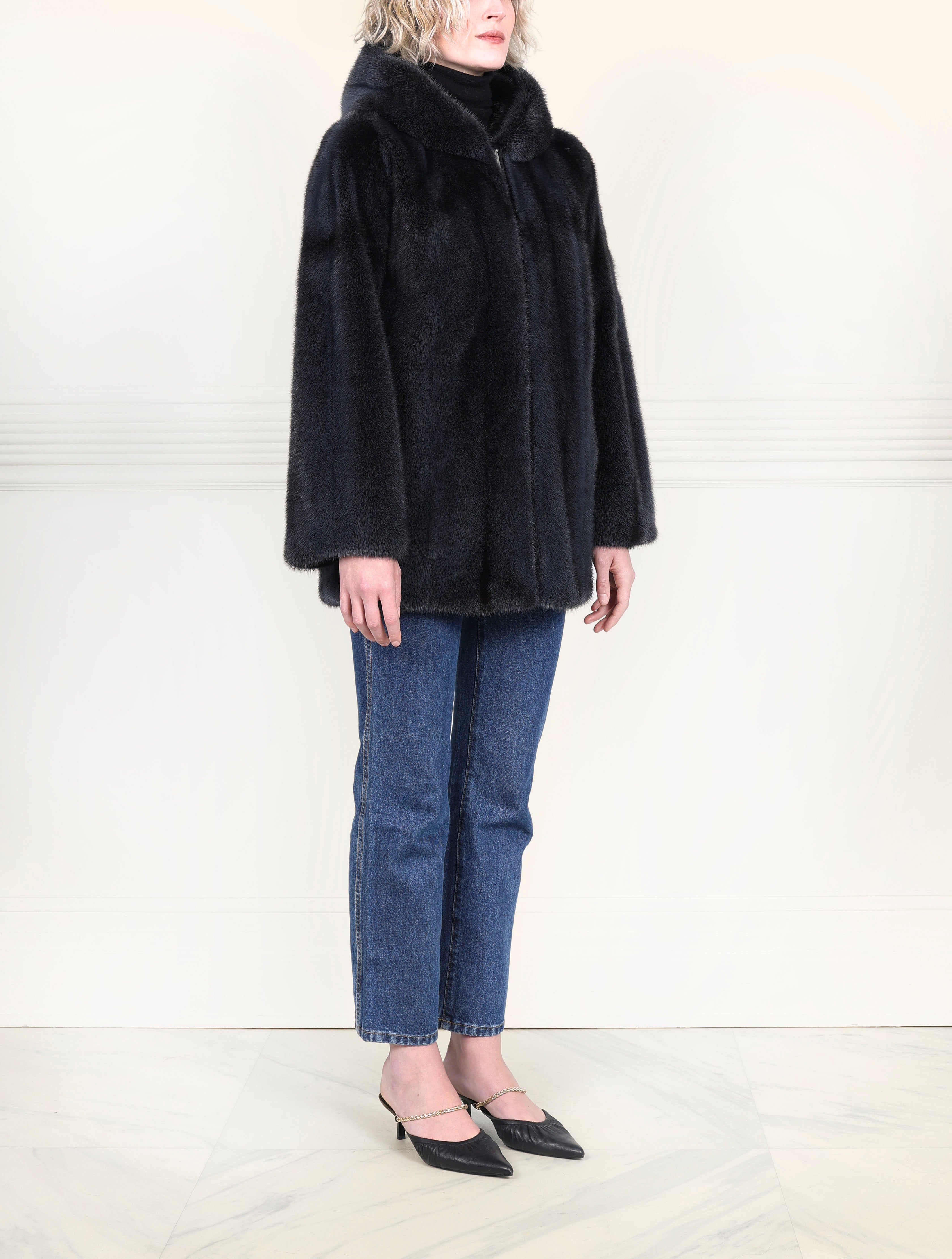 Grey Cross hooded mink jacket
with zipper