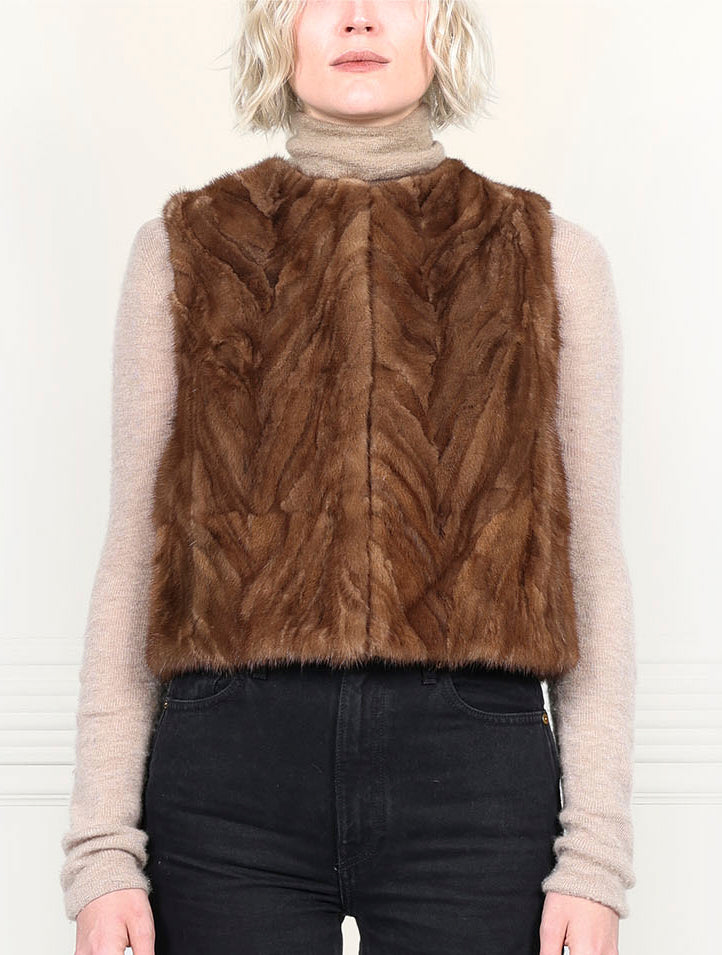 Chevron Upcycled Mink Vest in Brown and Tan