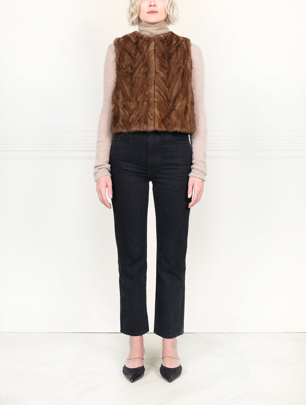Chevron Upcycled Mink Vest in Brown and Tan