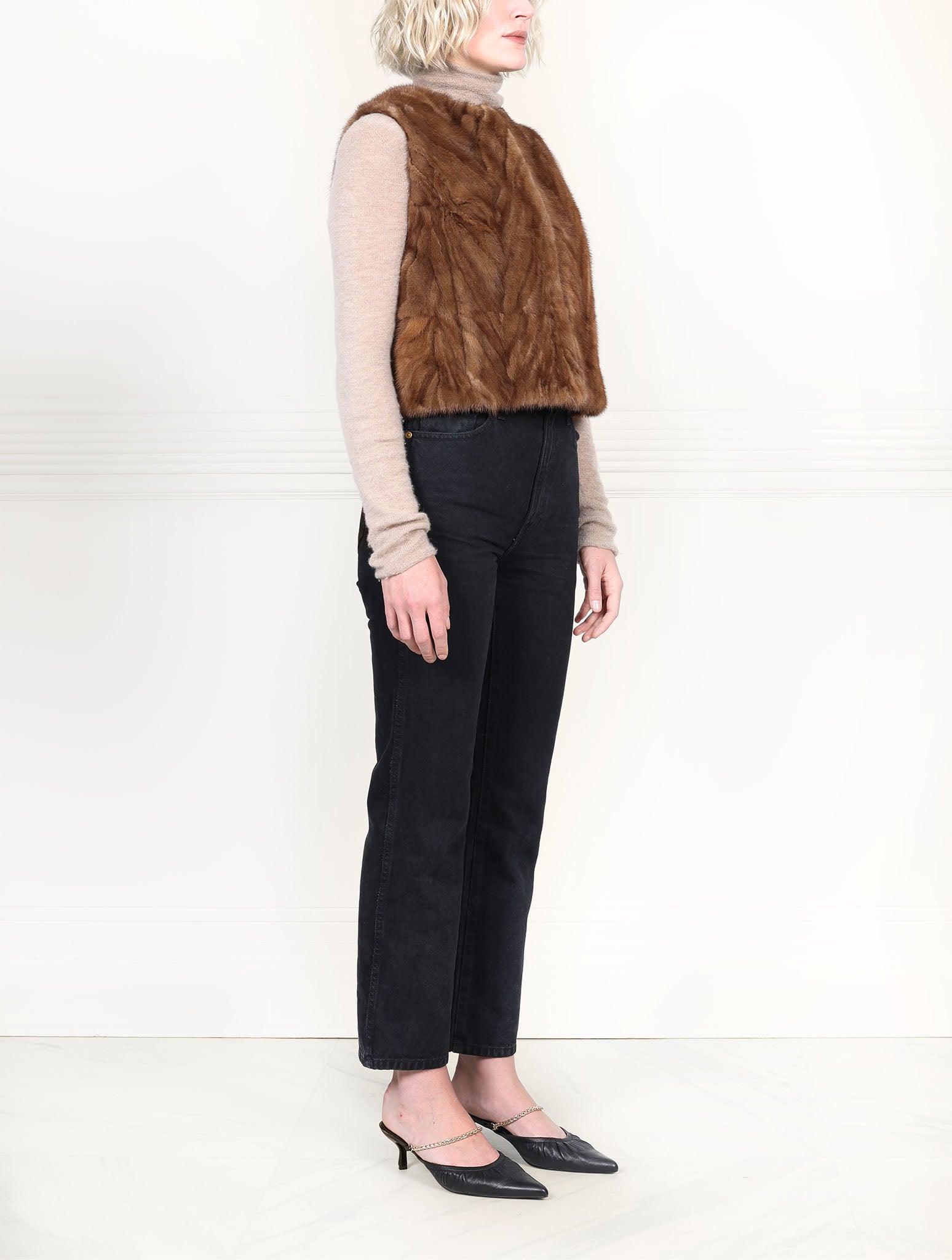 Chevron Upcycled Mink Vest in Brown and Tan