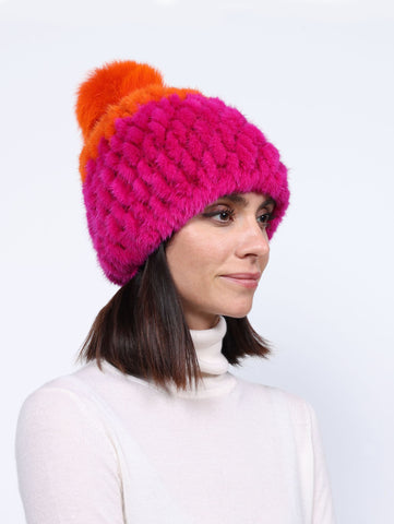 Multi Color Knitted Mink Hat with Pom