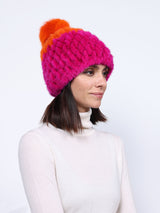 Multi Color Knitted Mink Hat with Pom