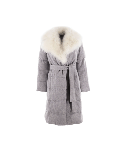 FLAT VIEW-LIGHT GREY WOOL BELTED PUFFER COAT WITH DETACHABLE SHEARLING COLLAR-WHITE CASHMERE SHEARLING NOTCH COLLAR-FULL LENGTH SLEEVES-SLIT POCKETS-SNAP CLOSURES-40 INCH CENTER BACK LENGTH-BY POLOGEORGIS