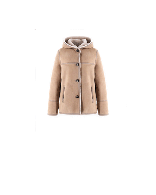FLAT VIEW-TAN REVERSIBLE HOODED SHEARLING JACKET-STRAIGHT FULL LENGTH SLEEVES-SLIT POCKETS-BUTTON CLOSURES-REVERSIBLE TO IVORY FUR-28 INCH CENTER BACK LENGTH-BY POLOGEORGIS
