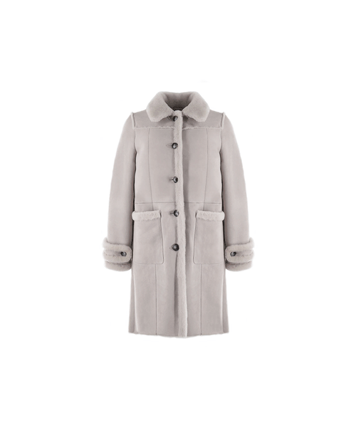 FLAT VIEW-WHITE SHEARLING BALMACAAN COAT-FUR SHIRT COLLAR-STRAIGHT FULL LENGTH SLEEVES WITH BUTTON TABS-FUR TRIMMED PATCH POCKETS, TUXEDO AND SLEEVE ENDS-BUTTON CLOSURES-38 INCH CENTER BACK LENGTH-BY POLOGEORGIS