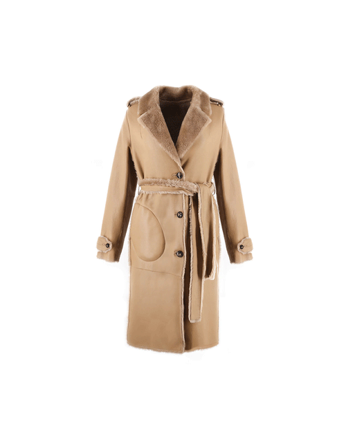 FLAT VIEW-TAN SHEARLING TRENCH COAT-NOTCH COLLAR-FULL LENGTH SLEEVES WITH BUTTON TABS-SLIT POCKETS-LEATHER BELT-42 INCH CENTER BACK LENGTH- BY POLOGEORGIS