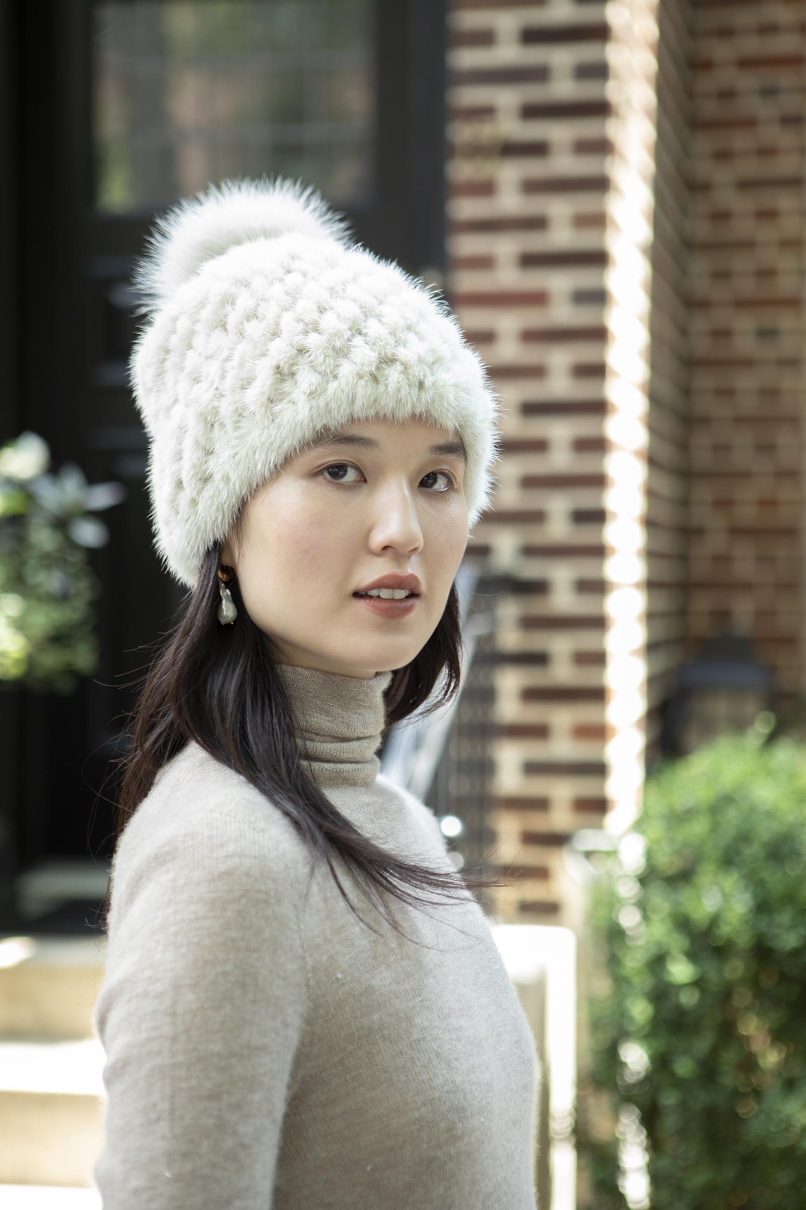 IVORY PALOMINO KNITTED MINK FUR HAT WITH FOX POM - POLOGEORGIS