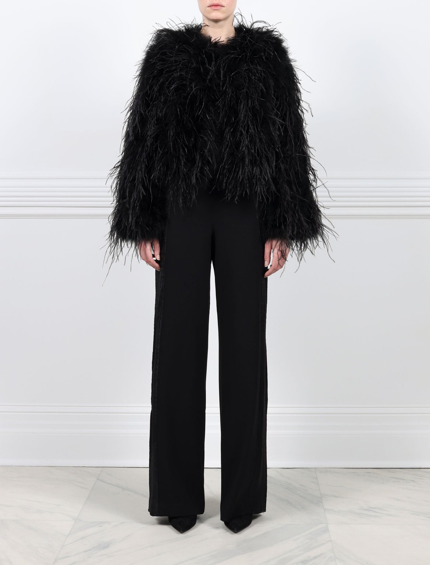 FRONT VIEW-BLACK OSTRICH FEATHER JACKET-CREW NECK-FULL LENGTH STRAIGHT SLEEVES-SLIT POCKETS-HOOK AND EYE CLOSURES-20 INCH CENTER BACK LENGTH-BY POLOGEORGIS