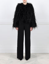 FRONT VIEW-BLACK OSTRICH FEATHER JACKET-CREW NECK-FULL LENGTH STRAIGHT SLEEVES-SLIT POCKETS-HOOK AND EYE CLOSURES-20 INCH CENTER BACK LENGTH-BY POLOGEORGIS