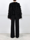 BACK VIEW-BLACK OSTRICH FEATHER JACKET-CREW NECK-FULL LENGTH STRAIGHT SLEEVES-SLIT POCKETS-HOOK AND EYE CLOSURES-20 INCH CENTER BACK LENGTH-BY POLOGEORGIS