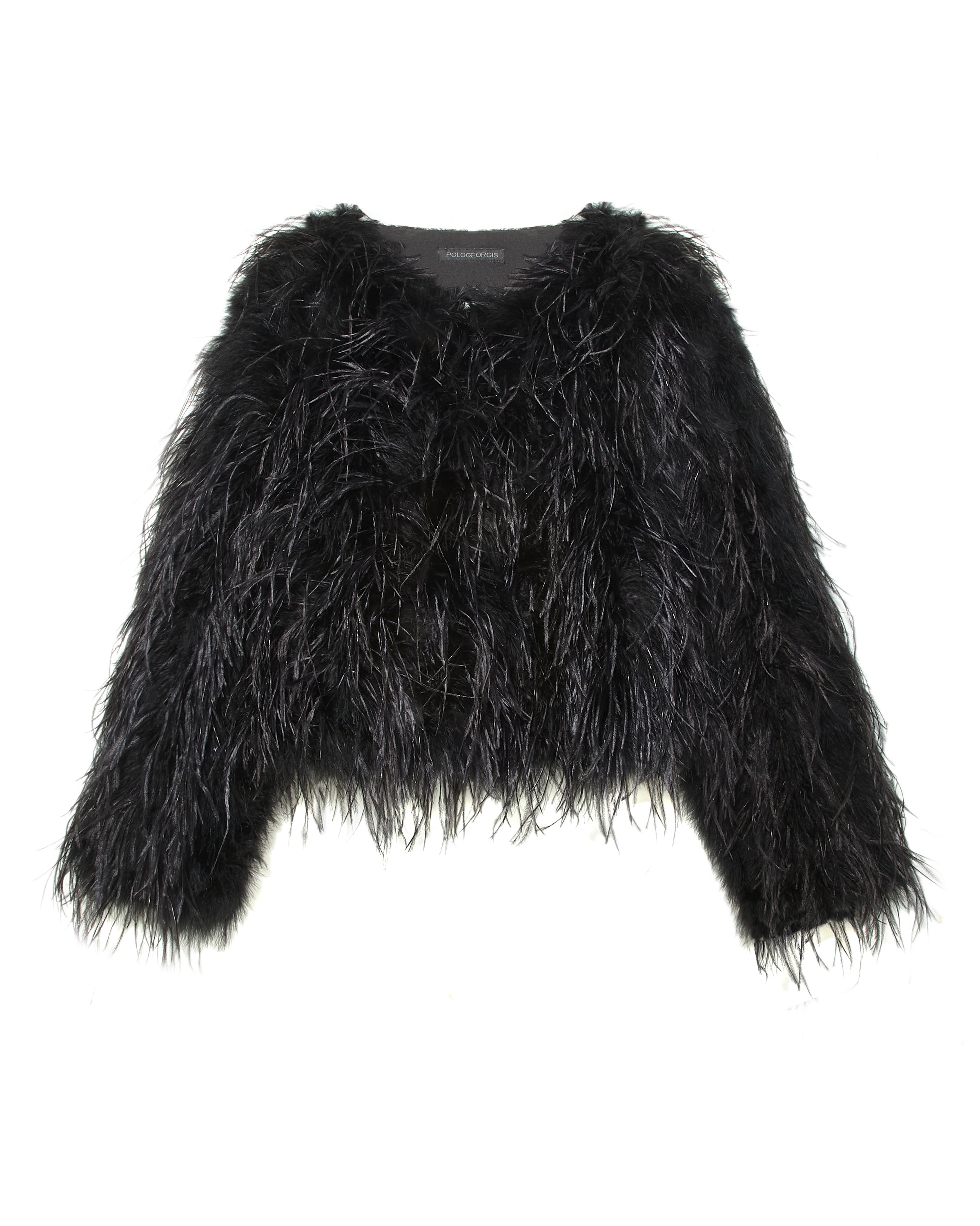 BLACK OSTRICH FEATHER JACKET-CREW NECK-FULL LENGTH STRAIGHT SLEEVES-SLIT POCKETS-HOOK AND EYE CLOSURES-20 INCH CENTER BACK LENGTH-BY POLOGEORGIS